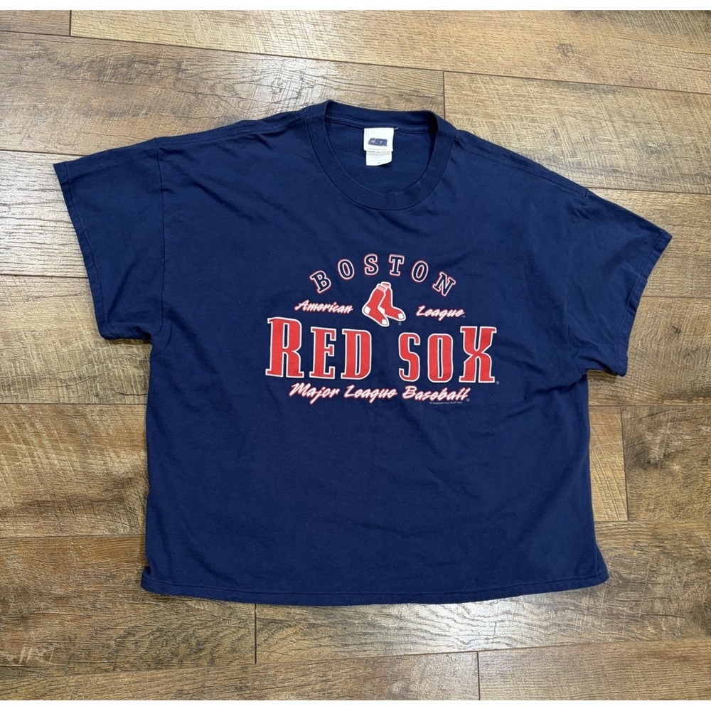 Vintage Y2k Boston Red Sox Boxy Cropped Graphic Tee Navy Blue‎ Red XL 2004